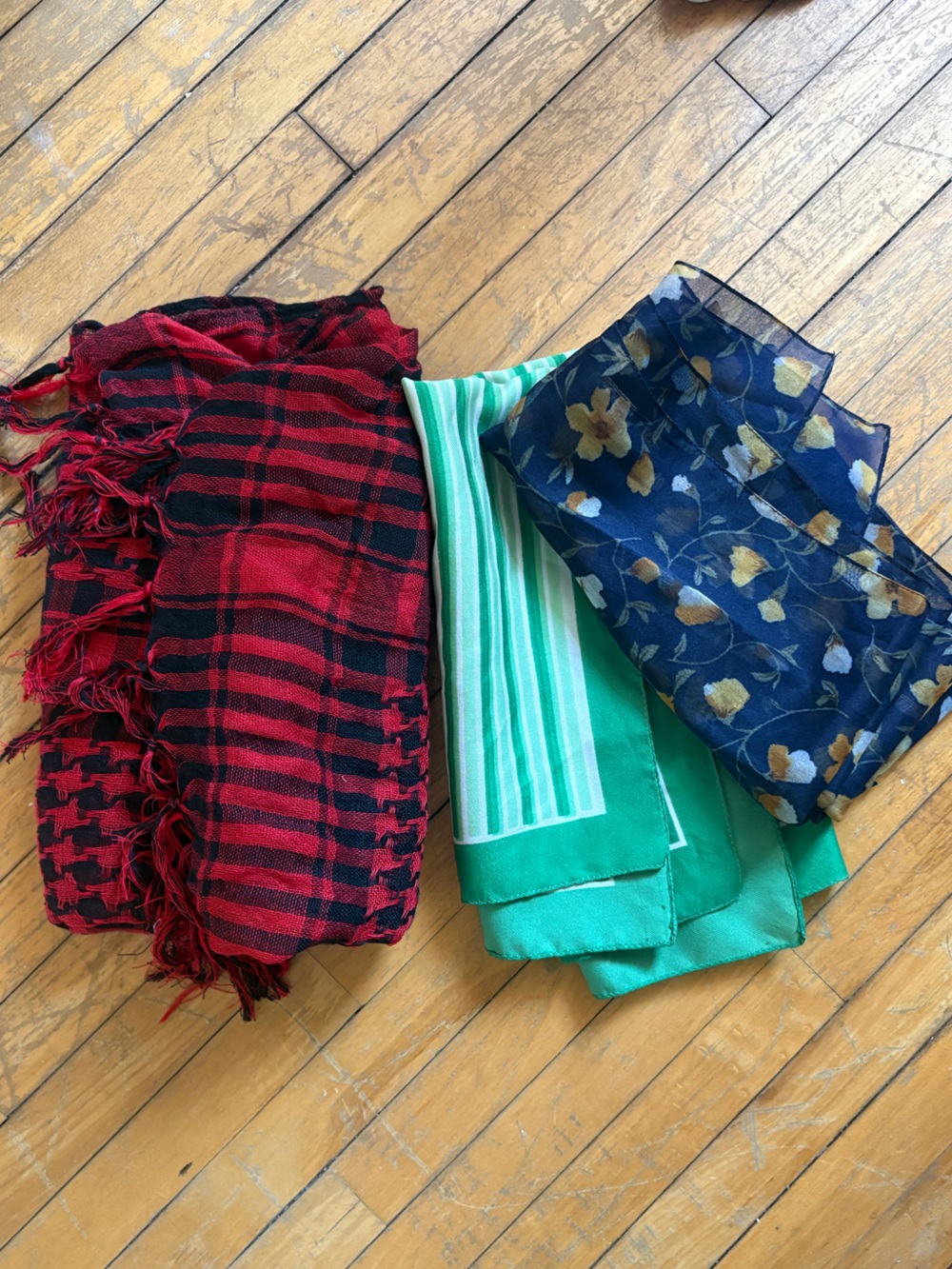 Bundle Set of Three Lightweight Scarves — Red/Black, Green, Navy Floral
